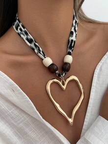 2pcs/Set Bohemian CCB Beaded Fabric Leopard Print Choker Necklace With Heart Pendant, Luxurious & Elegant, Suitable For Vacation, Party, Wedding, Casual Wear, Street Style, Women & Couples, Holiday & Birthday Gift - Necklace - View 13