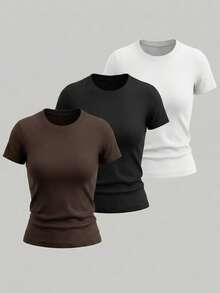 RRIVE 3-Pack Basic Ribbed Baby Tee, Slim Fit Crew Neck Short Sleeve Crop Top, Buttery Soft Athletic Tee For Women Summer Spring Outfits Vocation Outfits - Coffee Brown and Black and White - View 1