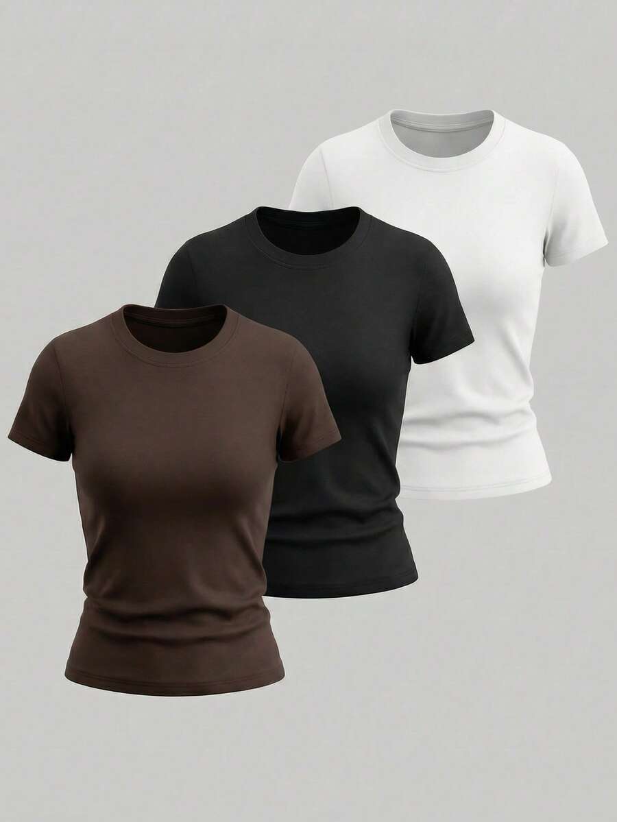 RRIVE 3-Pack Basic Ribbed Baby Tee, Slim Fit Crew Neck Short Sleeve Crop Top, Buttery Soft Athletic Tee For Women Summer Spring Outfits Vocation Outfits - Coffee Brown and Black and White - View 1