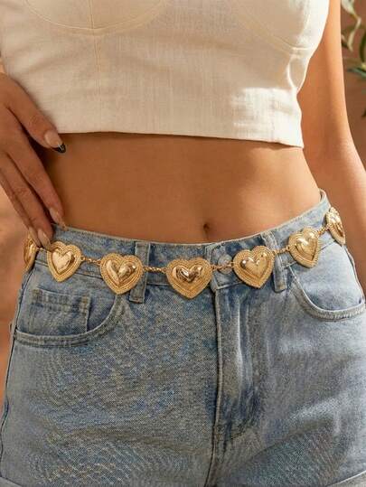 1 pieza Cadena de cintura de metal vintage, cinturón de cintura ovalado con corazón dorado, accesorio de joyería corporal para mujer, adecuado para uso diario, Día de San Valentín, regalos de cumpleaños