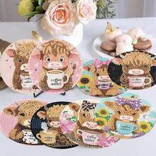 8件套钻石画杯垫套装，可爱小牛主题，DIY亚克力水晶钻石，防滑耐热，是家居装饰和手工制作的理想之选，耐用木质材料 - 彩色 - 查看 5