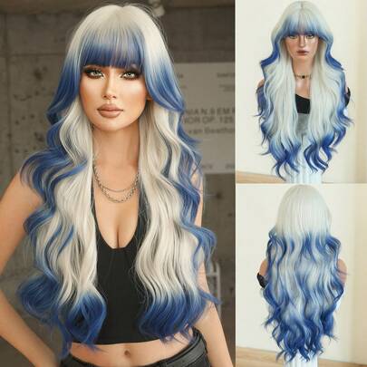 7JHH WIGS Tóc giả ombre từ bạch kim sang xanh dương, kiểu tóc dài bồng bềnh, 30 inch, chất liệu tổng hợp, xoăn gợn sóng, có mái, sợi tóc mềm mại, chất lượng cao, chịu nhiệt, được nhuộm màu hoàn toàn bằng máy, thích hợp cho Halloween, Cosplay, lễ hội âm nhạc, tiệc theo chủ đề và các dịp kỷ niệm.