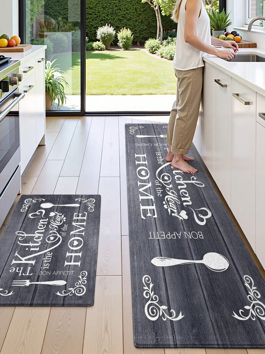 DAJIANG 1pc Vintage Runner Kitchen Mat, Dark Gray Wood Grain Base With White Utensils And English Slogan Pattern Long Kitchen Runner Rug, Suitable For Bathroom, Kitchen, Outdoor, Indoor, Hallway, Bedroom, Living Room, Machine Washable Kitchen Rug Accessories - Multicolor - View 1
