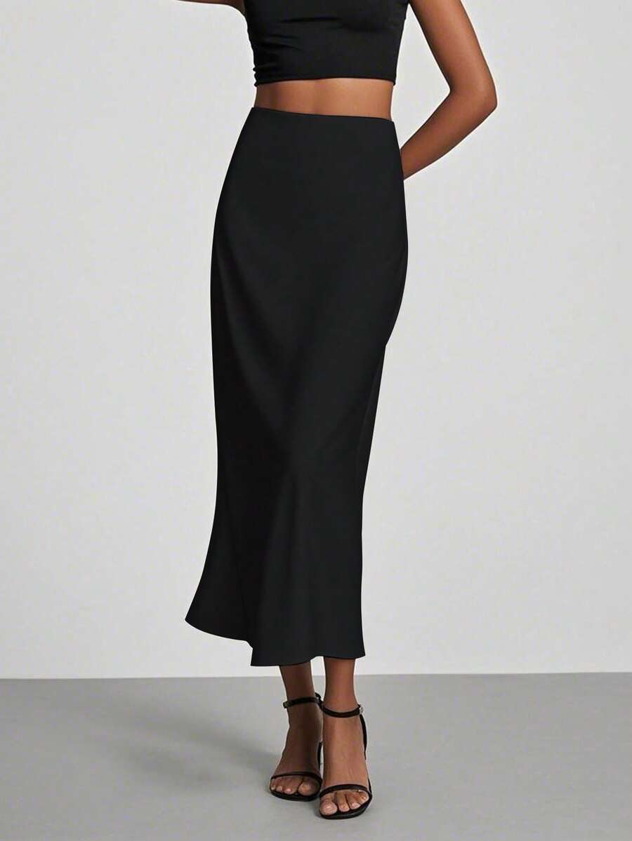 基础款纯色修身长裙，休闲街头风，适合日常穿着，夏季 - 黑色 - 查看 1