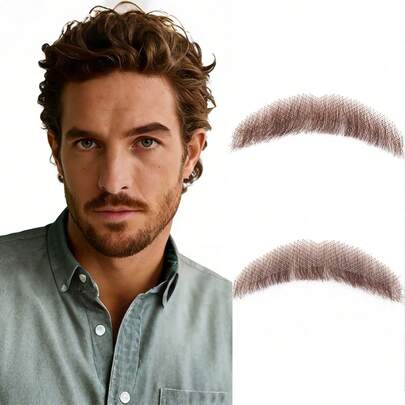 Men's Fake Hand Woven Beard Brown (Upper Beard) Facial Hair Natural Invisible Lace Mustache Suitable For Halloween Christmas Party Film And Television Makeup Dress-Up Beard Props Fake Beard