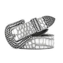 1pc PU Crocodile Texture Printed, Silver Metal Buckle Rhinestone Embellished, Gray Printed Rhinestone Fashionable Versatile Belt - Multicolor - View 5