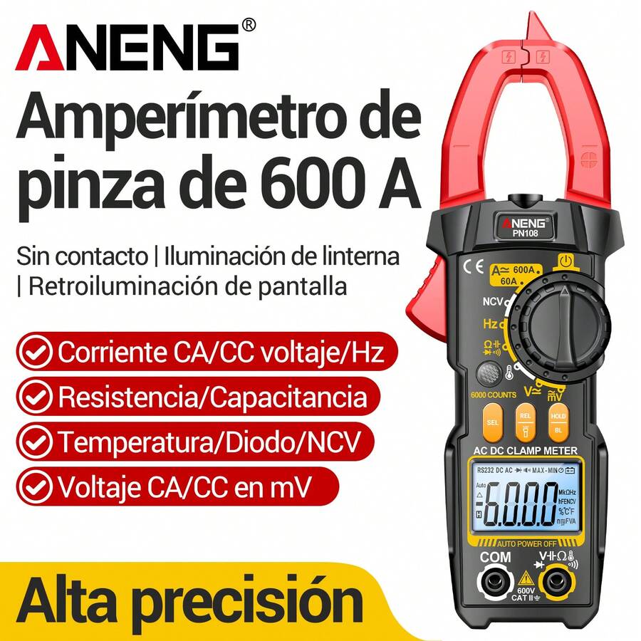Pinza Amperimetrica Multimetro Digital De Pinza Profesional Aneng PN108 Resistencia Identificación De Cables Vivos Y Neutros Capacitancia Diodo Temperatura - Rojo - Ver 1