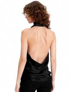 Womens Lace Trim Halter Scarf Tops Summer Going Out Tops Solid Color V Neck Backless Satin Tank Vest - Black - View 5