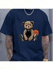 Men's Printed Bear Basketball T-Shirt, 100% Cotton, 30.1 Knit Fabric. - 藏蓝色 - 查看 2