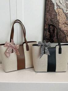 Women's Casual Canvas Patchwork Zipper Shoulder Bag, Large Capacity Tote Bag - Coffee Brown - View 5