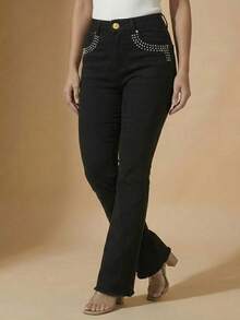 pthirillo Women's Black Flare Jeans With High-Waisted Butt-Lifting Effect And Rhinestone Detail. - 口袋周圍的水鑽 - 查看 9