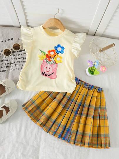 2pcs Girls Summer Set: Round Neck Cap Sleeve Cartoon Print Top T-Shirt, Paired With Plaid Skirt, Showcasing Sweet And Collegiate Style, Fashionable Kids Outfit Suitable For Various Occasions