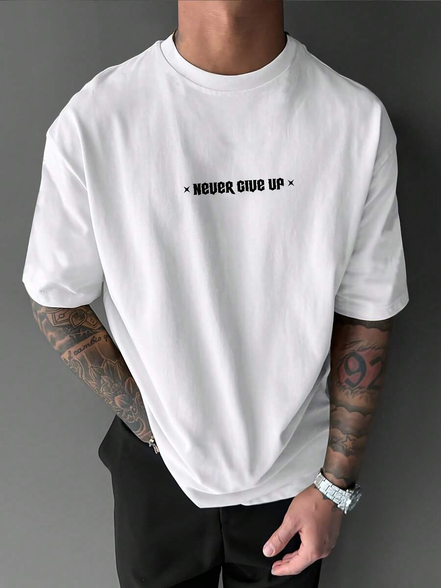 Men's Streetwear T-Shirt With Graphic Print - "Never Give Up" Featuring Wing And Skull Design, Loose Fit, Casual Short Sleeve, Light Beige Summer Top, Machine Washable, Motivational Clothing | T-Shirt With Back Print | Durable Casual Apparel - 白色 - 查看 1