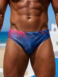 蓝红渐变泼墨印花男士速干透气三角泳裤，时尚休闲沙滩/泳池泳装 - 寶藍色 - 查看 3