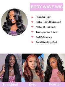 13x4 透明蕾丝前额波浪卷真人发假发，180% 密度透明前额真人发假发，原生发带婴儿发，适合女士，自然黑 - Natural Black - 查看 3