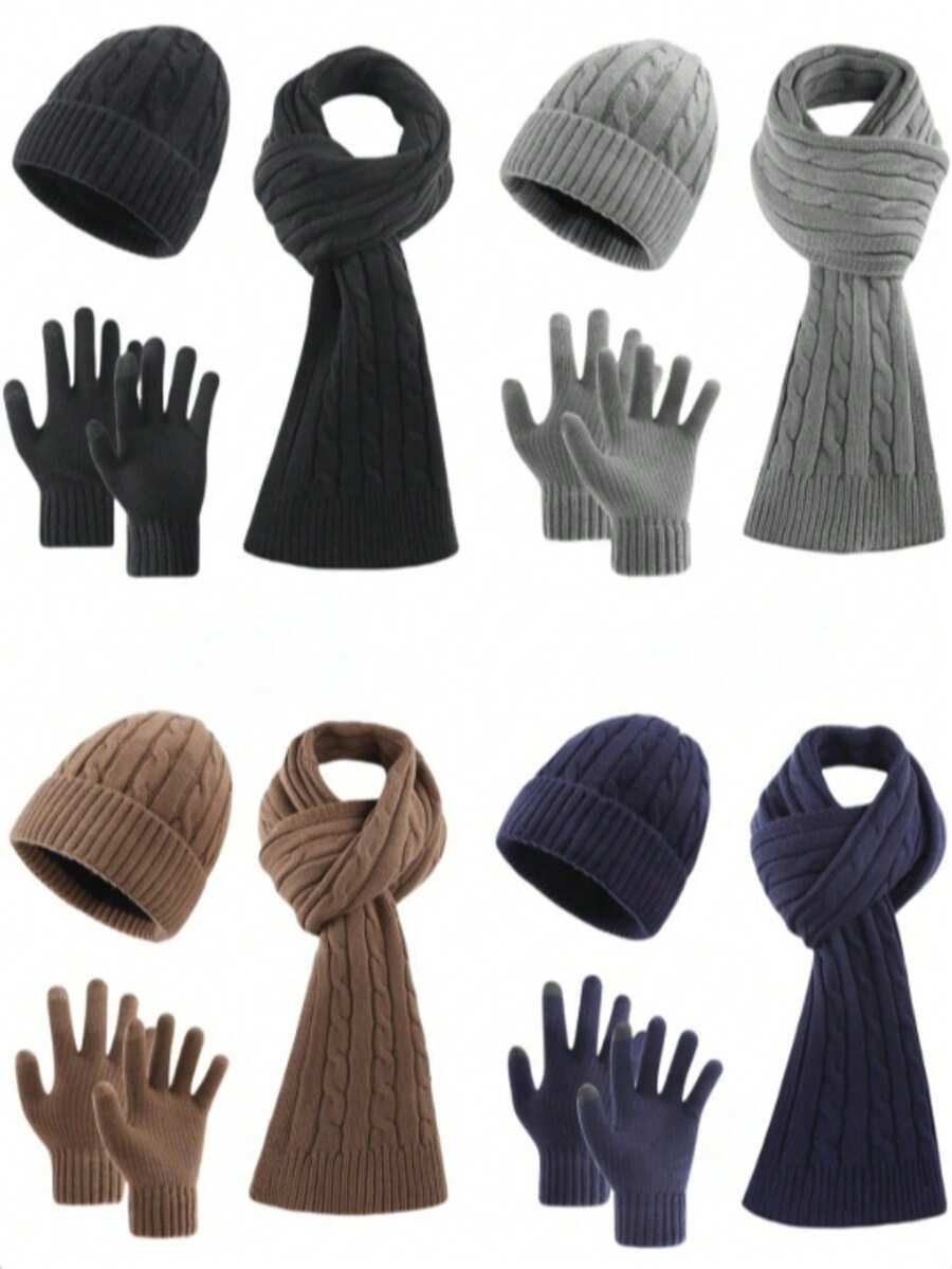 Men's Minimalist Solid Color & Striped Jacquard Knit Hat, Scarf, And Fingerless Gloves Set, Soft Thermal Lined, Warm And Fashionable For Autumn/Winter Outdoor Sports And Casual Wear - Multicolor - View 1