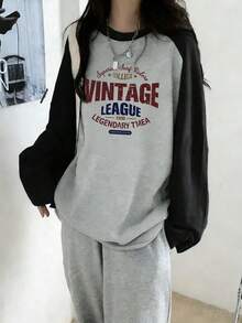 女士休闲百搭纯棉圆领日式印花图案宽松小众拼布印花长袖T恤，春夏 - 深花灰 - 查看 1