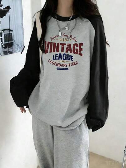 女士休闲百搭纯棉圆领日式印花图案宽松小众拼布印花长袖T恤，春夏