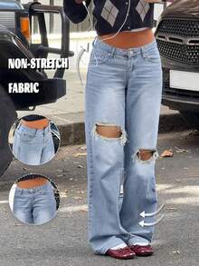 GILIPUR Y2K Women Loose Ripped Straight Leg Jeans, Casual Daily Street Style, Retro Fashion, Suitable For Autumn/Winter, New Year, Thanksgiving, Christmas Holiday Outfits - Blue - View 8