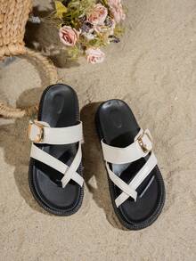 New Fashion Metal Buckle Decor Slip-On Wedge Heel Sandals, Comfortable Non-Slip, Versatile & Easy To Clean, Suitable For Beach & Daily Wear - White - View 5