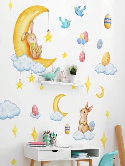 1set Cartoon Easter Wall Stickers Removable Easter Eggs Bunnies Moon And Stars Wall Decal,Rabbit Decorations,Cartoon Rabbit Flower Butterfly Wall Sticker, Bedroom Children's Room Self-Adhesive Wall Sticker For Wall Living Room Bedroom Home Decorations.