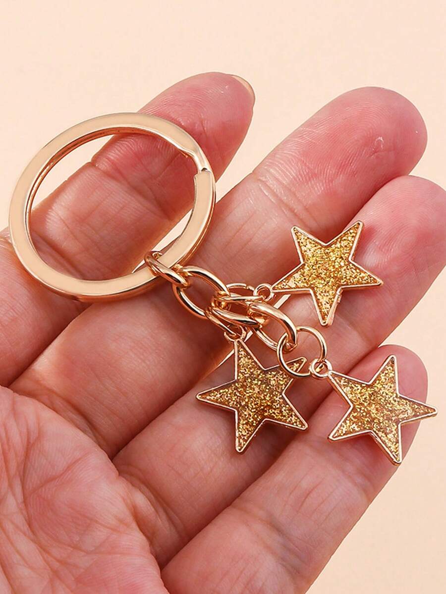 1pc Women's Shiny Metallic Five-Pointed Star Keychain, Sparkling Star Cute Pendant, Party & Friend Gift Keyring - Yellow Gold - View 1
