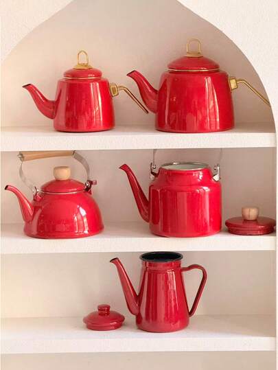 SummitPulse 1 Set, Of Minimalist Festive Red Wooden-Handled Enamel Kettle. A Versatile Option Suitable For Direct Fire Heating, It Can Be Used As A Water Kettle, Coffee Pot, Milk Tea Pot, Fruit Tea Pot, Or Afternoon Tea Pot. It Is The Top Choice For Holiday Gatherings And An Exquisite Gift For Relatives And Friends.