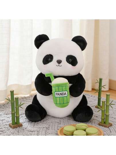 Panda Plush Toy, Panda With Milk Tea, Animal Theme Party Cute Soft Toy Teacher Student Award, Baby, Boy, Girl Animal Toy, Suitable For Nursery, Room Decoration, Birthday Gift Holiday Gift Perfect Choice