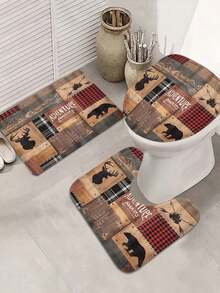 1/4 Pcs Bear Cabin Shower Curtain Set, Waterproof Shower Curtain With 12 Plastic Hooks, Non-Slip Rug And Toilet Lid Cover, Vintage Farmhouse Style Bathroom Divider, Bathroom Accessories, Home Decor - Multicolor - View 8