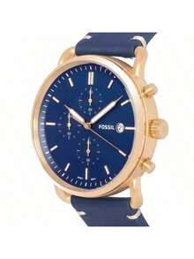 Fossil 男士石英计时腕表，星空蓝表盘，海军蓝PU皮表带，三针设计，商务休闲风格，适合日常佩戴 - 藍色 - 查看 2
