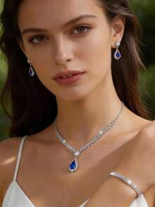 1 Set Women's Teardrop Rhinestone Necklace And Earrings Jewelry Set, Bridal Wedding Party Accessories - Multicolor - View 1