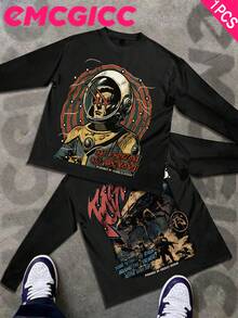 EMCGICC Street Life Men's Y2k Style (250 Cotton T-Shirt) Long Sleeve Shirt, Space Visual Printing,Cotton Graphic T-Shirt, Men's Hip Hop Style - Long Sleeve T-Shirt, Fun Vintage Shirt, Regular Fit, Street Style, Halloween, Digital Print, Ideal Gift - Đen 4 - Xem 1