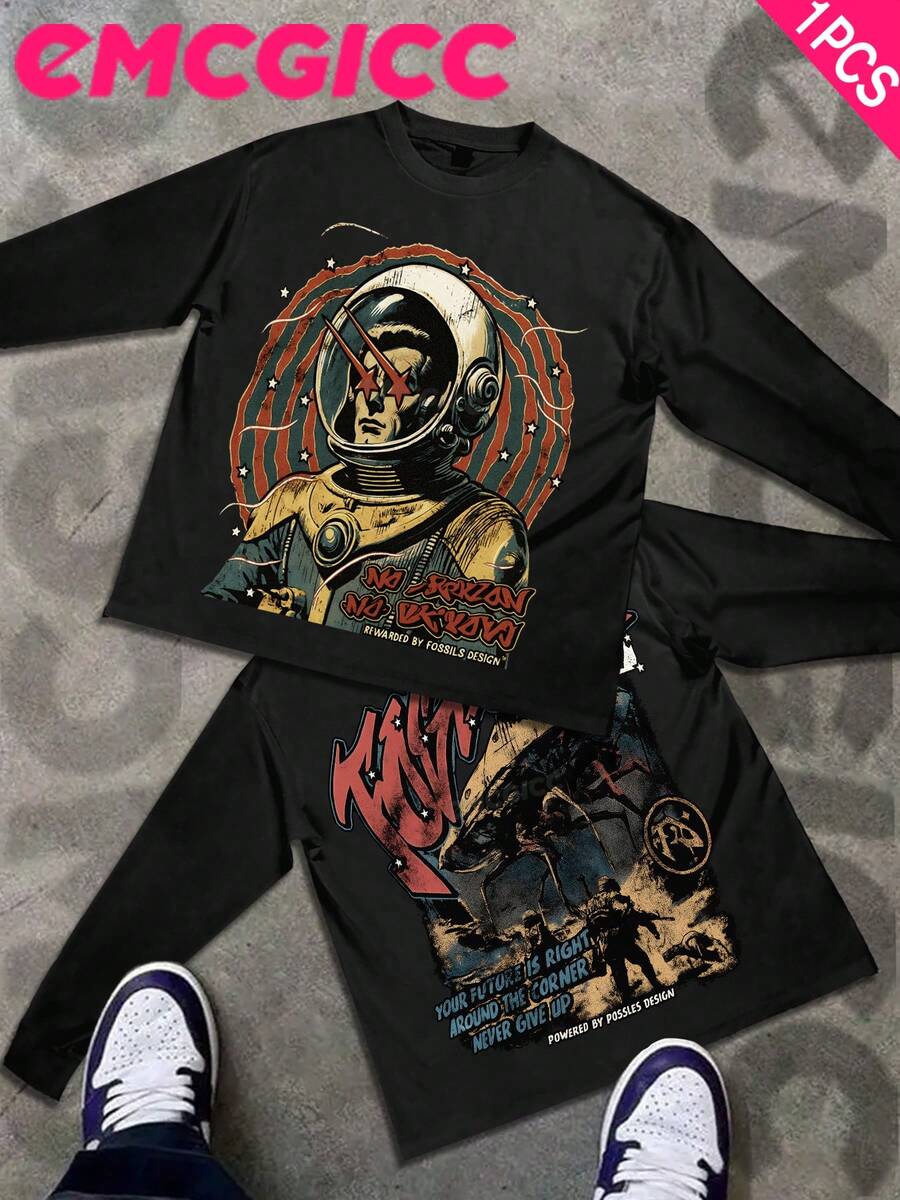 EMCGICC Street Life Men's Y2k Style (250 Cotton T-Shirt) Long Sleeve Shirt, Space Visual Printing,Cotton Graphic T-Shirt, Men's Hip Hop Style - Long Sleeve T-Shirt, Fun Vintage Shirt, Regular Fit, Street Style, Halloween, Digital Print, Ideal Gift - Đen 4 - Xem 1