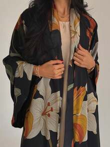 Women's New Floral Print Open Front Casual Abaya Robe With Headscarf, Daily Wear - Black - View 7