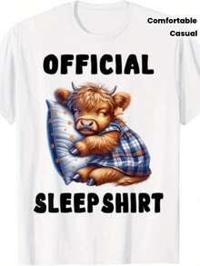 Camiseta gráfica oficial de pijama de vaca de las Highlands para hombres - Diseño de camisón retro con vaca escocesa y texto "Pijama Oficial", camiseta cómoda de manga corta y cuello redondo para pijamas y atuendo casual, divertida novedad de ropa de dormir para mí - Negro - Ver 2