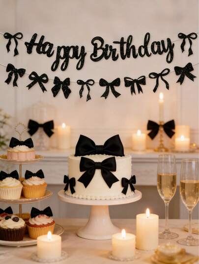 1 Set Black Bow Happy Birthday Garland, Birthday Party Banner, Bow Birthday Party Decor, 1st Birthday Banner, Baby Shower Party Decor, Birthday Party Supplies, Bow Decor, Birthday Party Background Decor, Bow Party Decorations