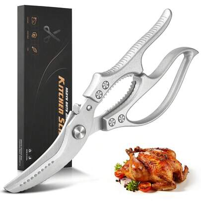 Heavy Duty Professional Kitchen Shears, With Sharp Stainless Steel Blades - Durable Construction, Serrated Non-Slip Handles And Locking Mechanism, For Cutting Meat, Bones, Chicken, Steak, Poultry - Suitable For Home And Commercial Kitchens (Butcher Shears)