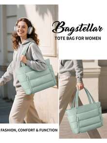 Puffer Tote Bag For Women, Lightweight Puffy Work Handbag Teacher Nurse Quilted Shoulder Bag For School Travel Gym - Màu xanh Bạc hà - Xem 8