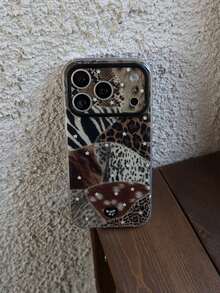 秋冬甜美辣妹拼接动物纹星空图案手机壳,兼容 17 Pro Max、16 Pro、13、14 Pro、15 Pro,创意双层防震手机壳 - 彩色 - 查看 10