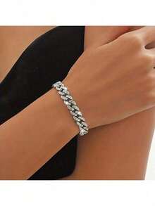 1pc Rhinestone Decor Cuban Link Chain Bracelet, Gift For Women - Cuban Chain Bracelet - View 2