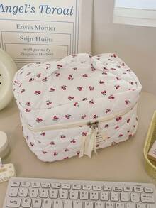 1 pièce Nouveau cadeau de Nouvel An Sac de maquillage en forme de nœud papillon matelassé rouge cerise. Sac cosmétique portable de grande capacité avec fermeture éclair, idéal pour les voyages et les vacances. Peut contenir les serviettes hygiéniques, les clés, les téléphones portables, les chargeurs, les rouges à lèvres, les cosmétiques, les parfums, les pinceaux de maquillage, les produits de soins de la peau et de beauté. Convient aux femmes, aux étudiantes, aux écolières, comme cadeau de fête. - Blanc - Voir 17