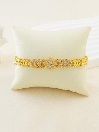 1件奢华24K镀金铜手链，镶嵌锆石心形装饰，适合女士日常及派对佩戴