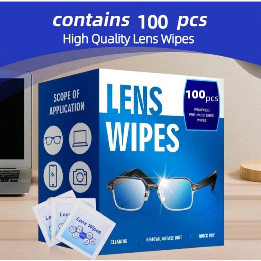 100-Pack Lens Cleaning Wipes - Individually Wrapped Pre-Moistened Eyeglass Lens Cleaning Wipes - Individually Packaged, Suitable For Eyeglasses, Sunglasses, Mobile Phone Screens, Electronic Devices, And Camera Lenses - Convenient To Carry, Eyeglass Cleaner, Screen Cleaner, Compact Design, Durable Packaging, Screen Protector, Cleaning, High-Quality Wipes, Screen Protection Film, Leaves No Scratches Or Smudges, Suitable For Cleaning Eyeglasses And Camera Lenses. - 100pcs - 查看 1