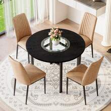 Modern Minimalist Round Table Set (With Integrated Storage Compartment And 4 Brown Dining Chairs Made Of High-Quality High-Tech Fabric), Round Table With A 100 Cm Diameter In Black Wood Look. - Khaki - View 1