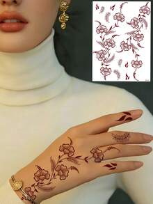 2 Sheets Of Wine-Red Moon Leaf/Flower Pattern, Waterproof And Sweat-Resistant Temporary One-Time Tattoo Stickers, Suitable For Women, Sensual Body Painting, Maneki-Neko Design, Ideal For Party And Festival Decorations. - Burgundy - View 4
