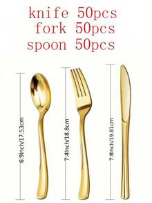 50/25/12/7pcs Gold Plastic Cutlery Set; Knives, Forks, Spoons, Suitable For 50 Guests, Cake Forks, Dessert Spoons, Salad Knives And Forks, Pasta Forks And Spoons, Reusable And Washable, Premium Tableware, Ideal For: Birthday, Wedding, Party, Family Gathering, Team Building, Outdoor BBQ, Camping, Banquet, School Supplies, Graduation Ceremony, Holiday Party And More Occasions (Full Cutlery Set, Full Kitchen Utensils Set, Cutlery, Gold Cutlery) - Gold - View 12