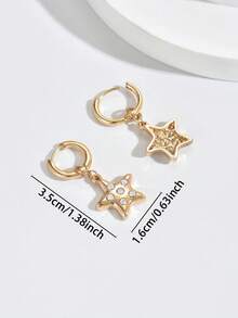 1 Pair Fashionable Rhinestone Star Hoop Earrings For Women, Suitable For Vacation And Daily Wear - Gold - View 5