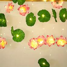 1串人造莲花LED灯串 - LED夜灯，适用于莲花和睡莲养护、节日装饰。创意荷叶铜线灯，室内墙柜窗饰，莲花睡莲串灯。 - 暖色 - 查看 3
