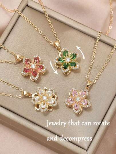 1pc Rotatable 5-Petal Flower 360° Rotating Pendant Necklace, Elegant Luxury Niche Design