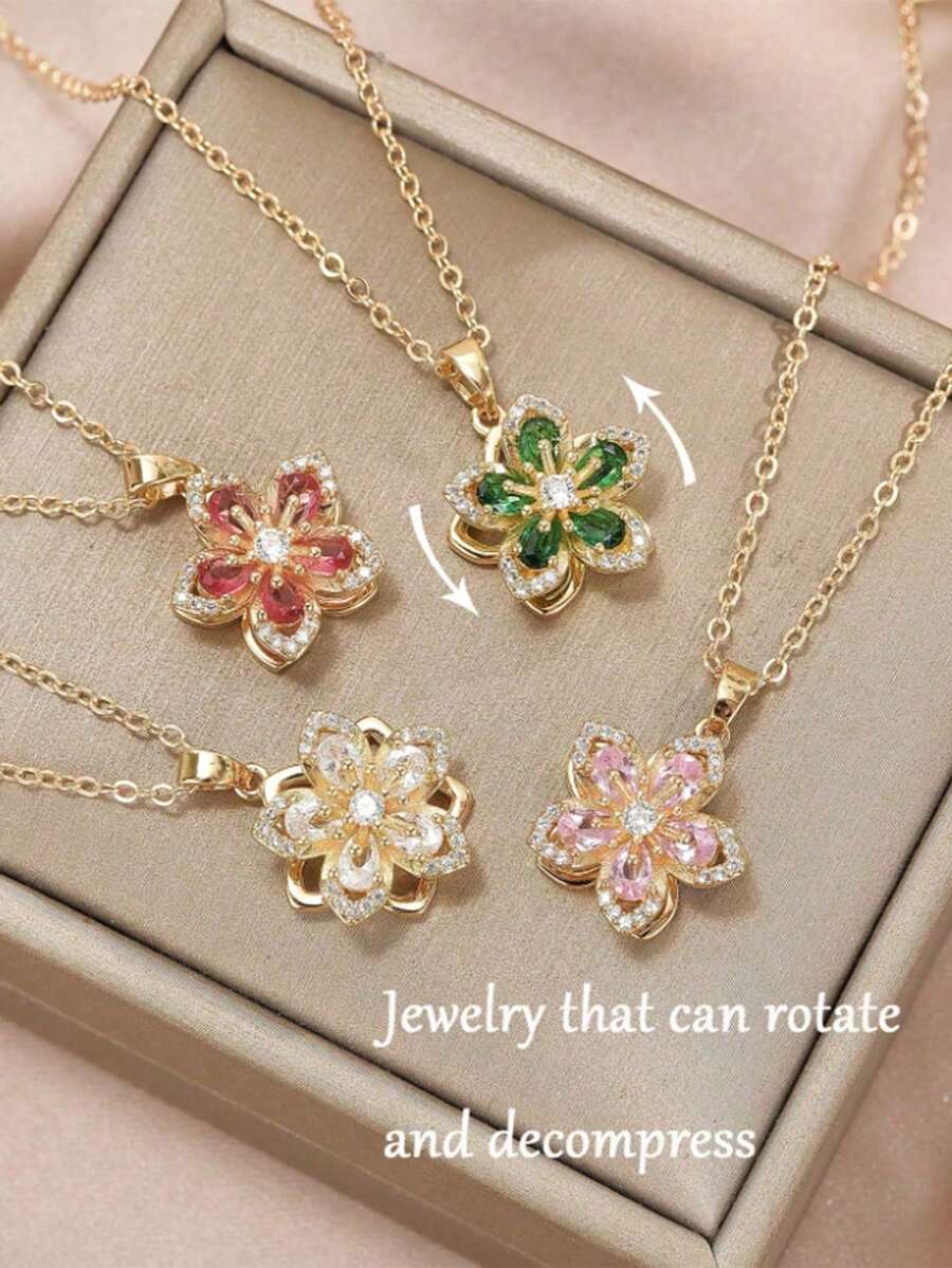 1pc Rotatable 5-Petal Flower 360° Rotating Pendant Necklace, Elegant Luxury Niche Design - Rotating Flowers - View 1